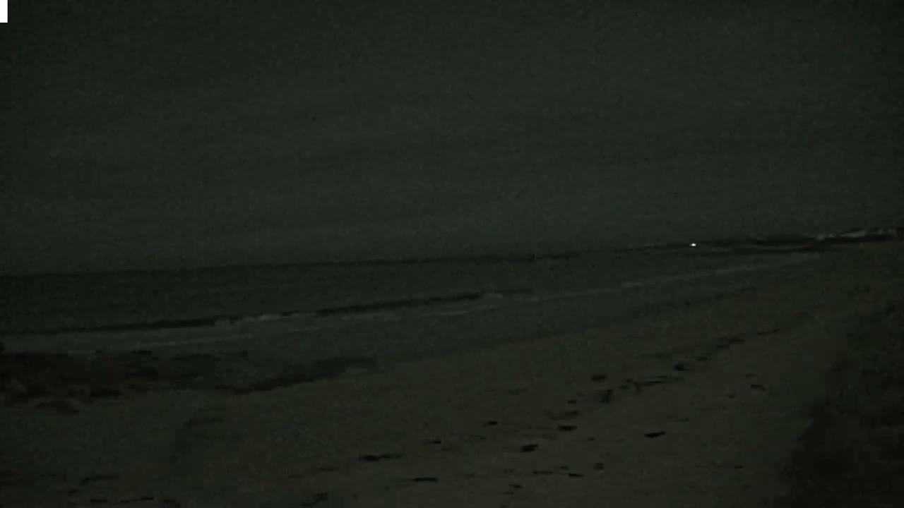 A dark, nighttime beach scene shows a sandy shore and gently lapping waves under a cloudy sky.