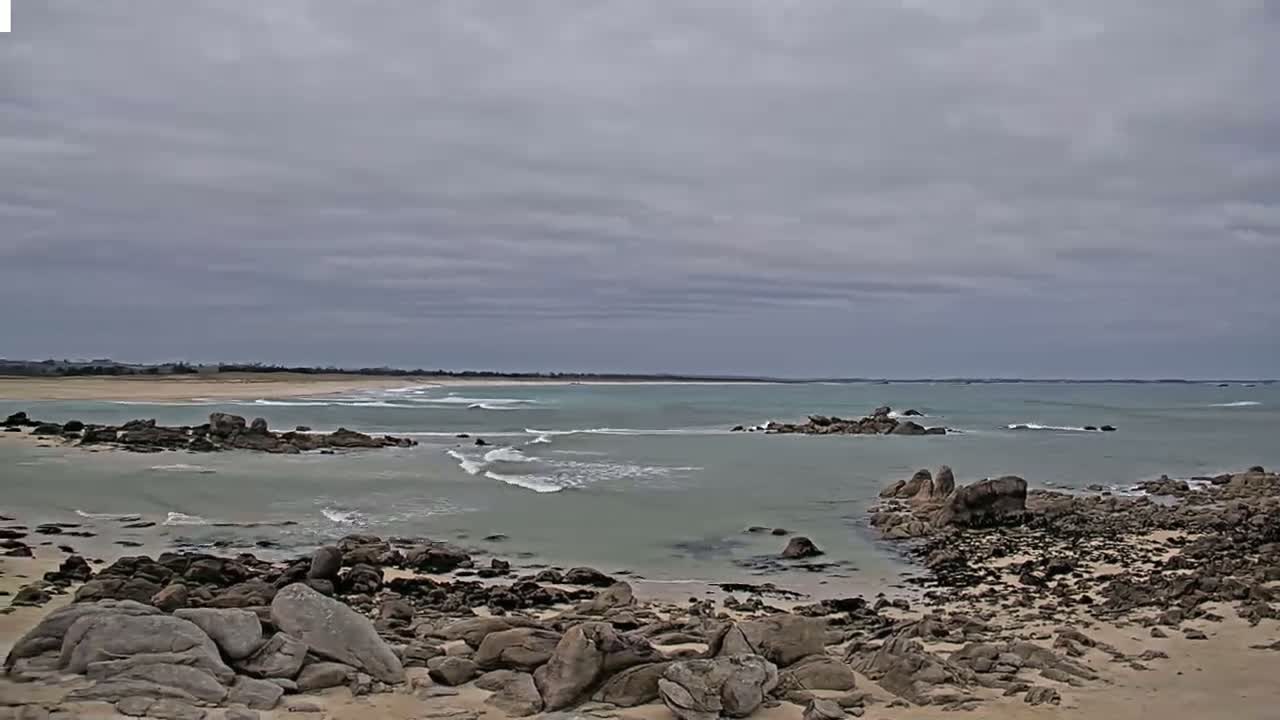 A rocky beach with calm, light-green water under an overcast sky.