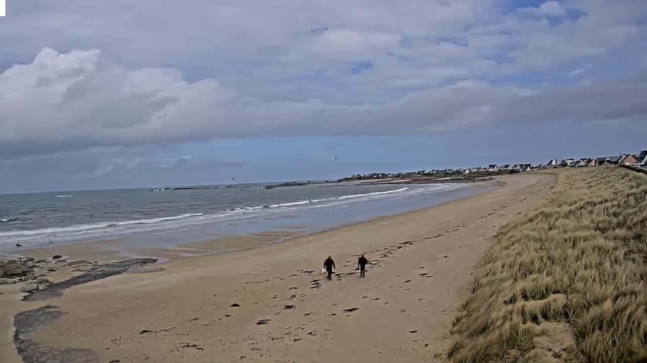 Two people walk a dog on a sandy beach with small waves under a partly cloudy sky.
