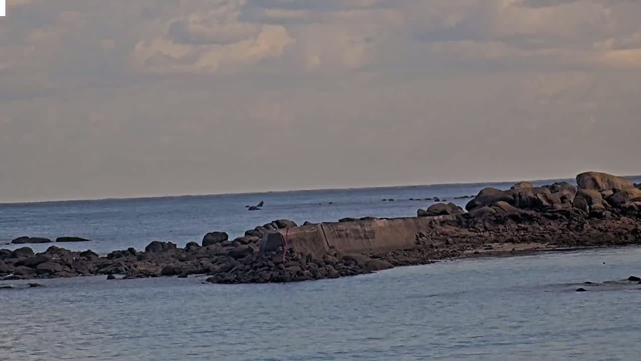 A rocky shoreline with a concrete barrier extends into a calm sea under a cloudy sky.