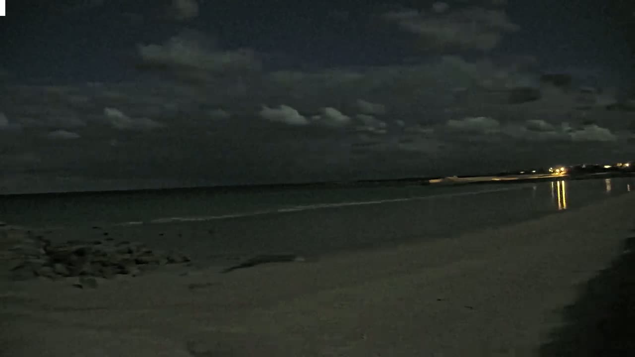 A dark, cloudy night scene shows a calm ocean meeting a sandy beach, with a few lights visible in the distance.