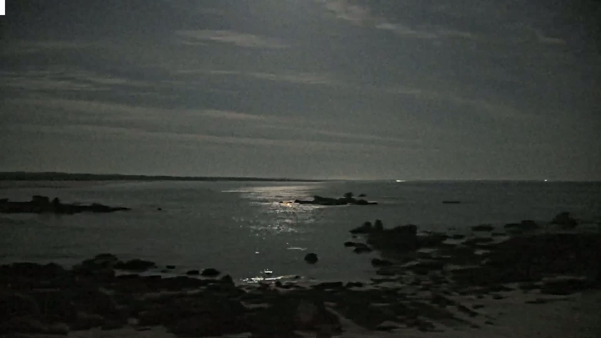 A moonlit night scene shows a dark, rocky shoreline and calm sea under a cloudy sky.