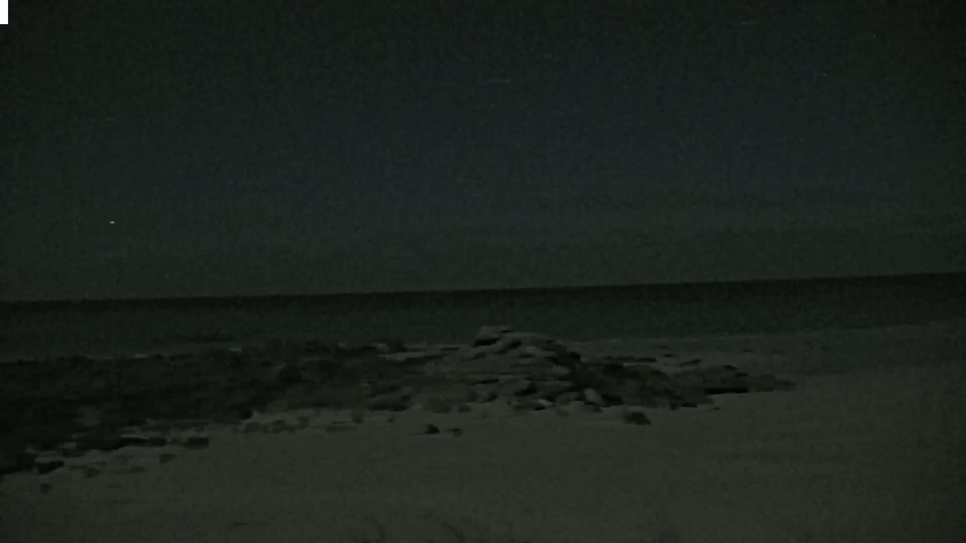 A dark, nighttime beach scene shows a rocky shoreline meeting a calm, dark ocean under a mostly clear sky.