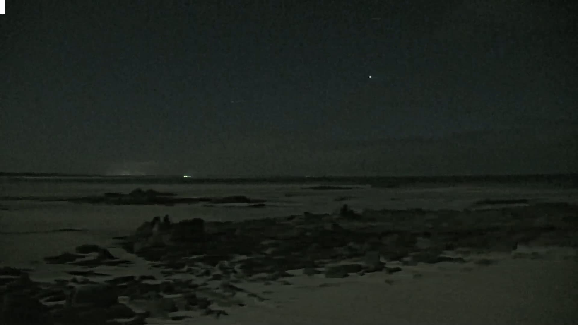A dark, nighttime beach scene shows a mostly calm body of water under a clear, starlit sky.
