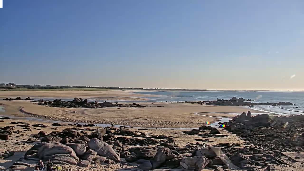 A sandy beach with dark rocks and a calm ocean under a clear blue sky is viewed from a rocky vantage point.