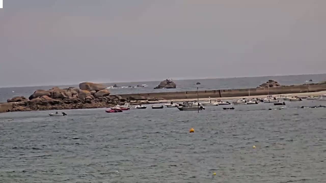 Several small boats are moored in a calm bay near a rocky outcrop on an overcast day.