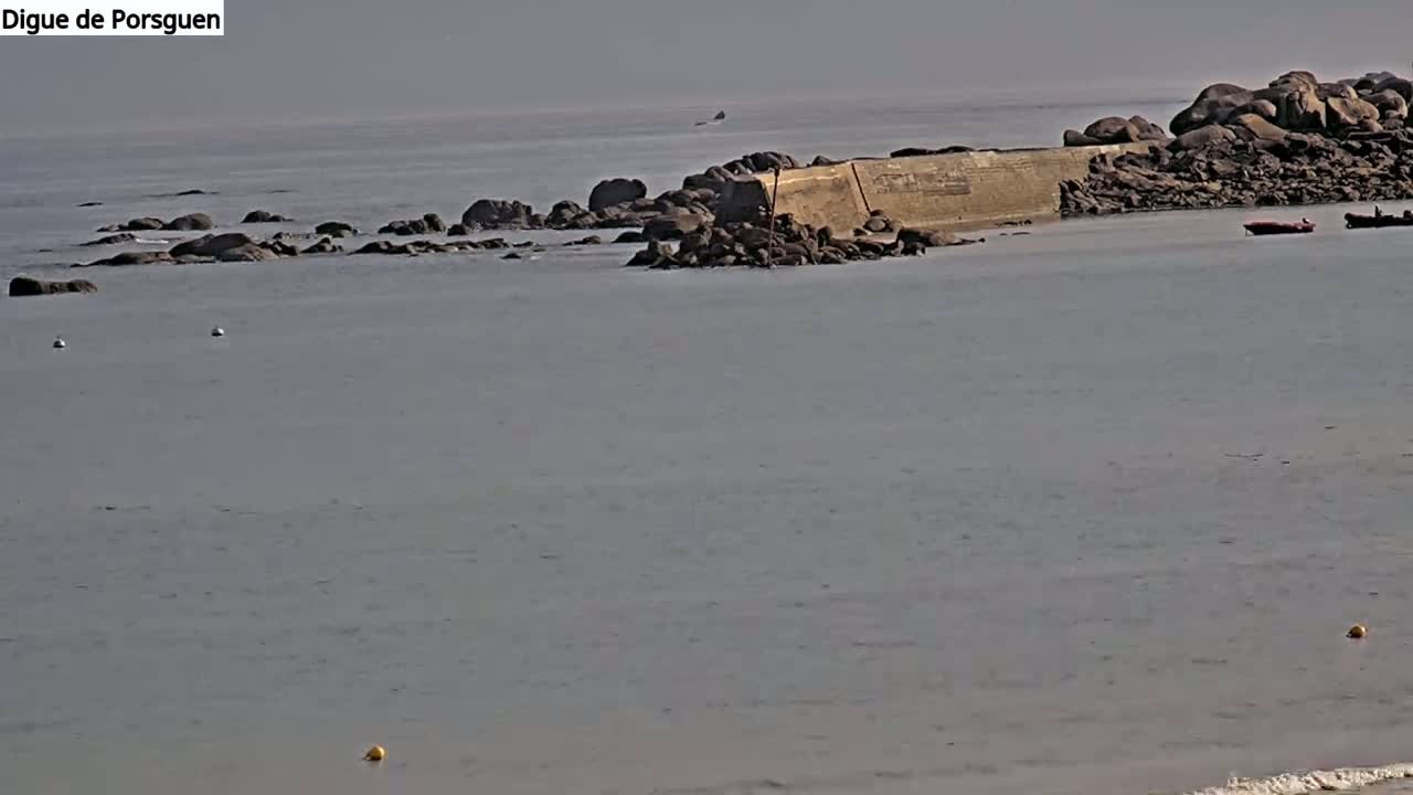 A calm, gray sea laps against a rocky shore featuring a low-lying stone wall and a couple of small boats.