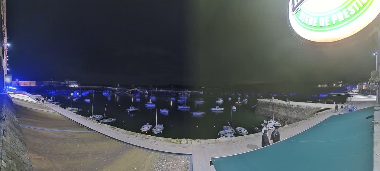 Many small boats are moored in a harbor at night under a dark sky.