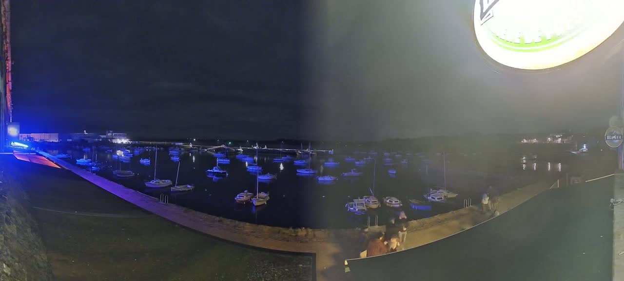 Many small boats are moored in a harbor at night under a dark sky.