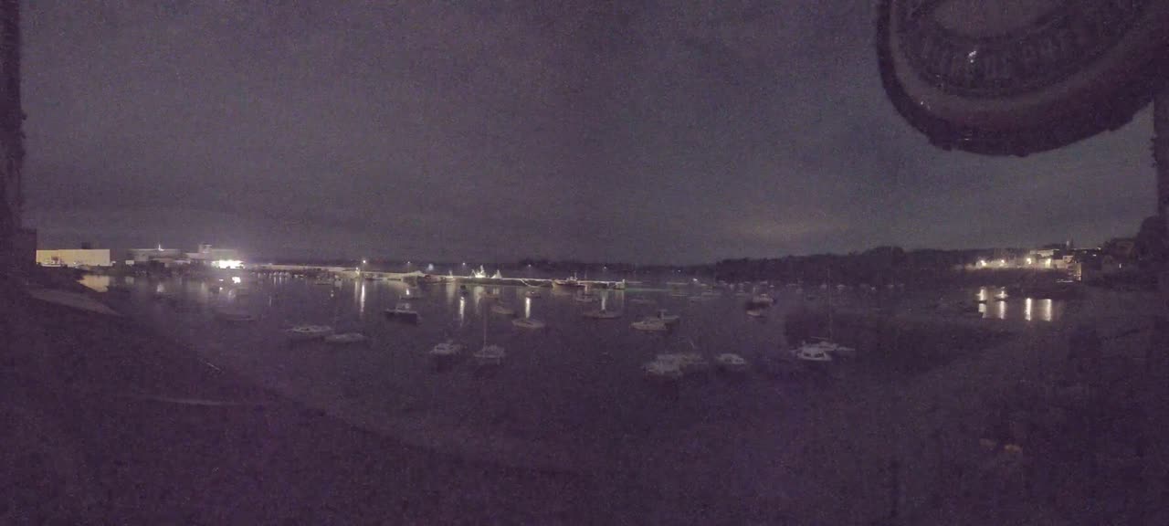 A nighttime view of a harbor filled with numerous boats under a dark, cloudy sky.