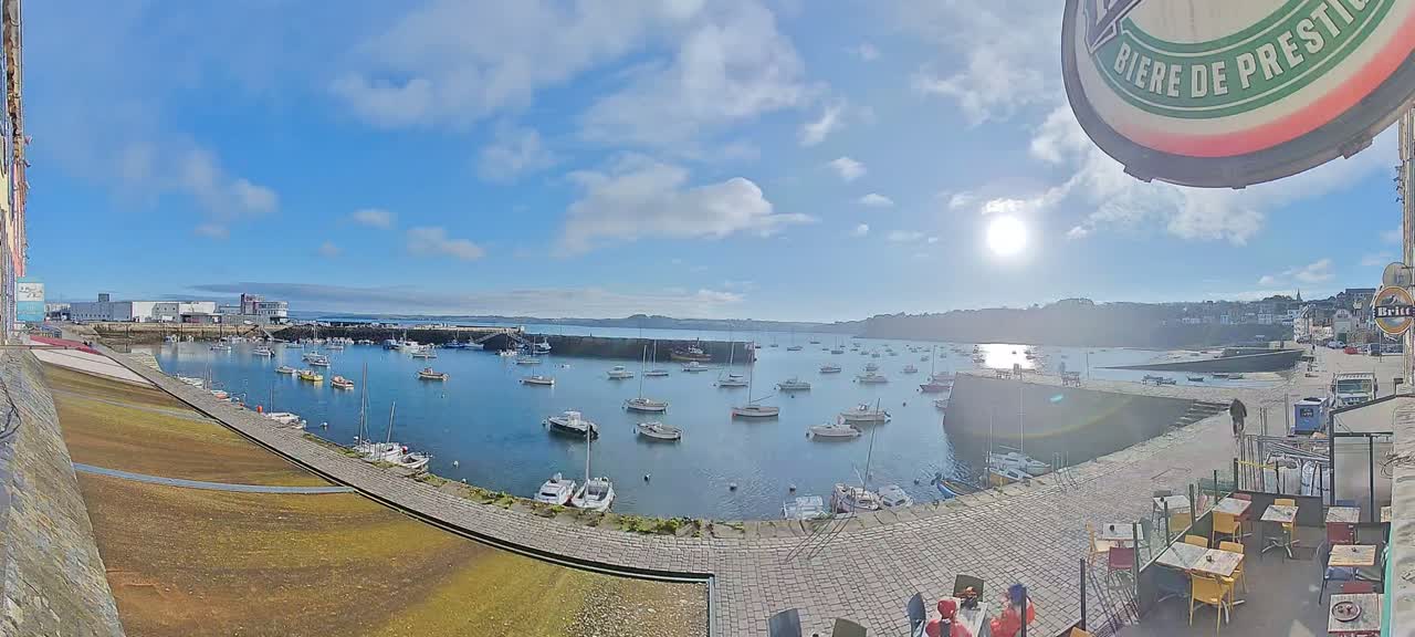 A sunny day overlooks a harbor filled with numerous boats, a stone walkway with outdoor seating, and buildings along the shoreline.