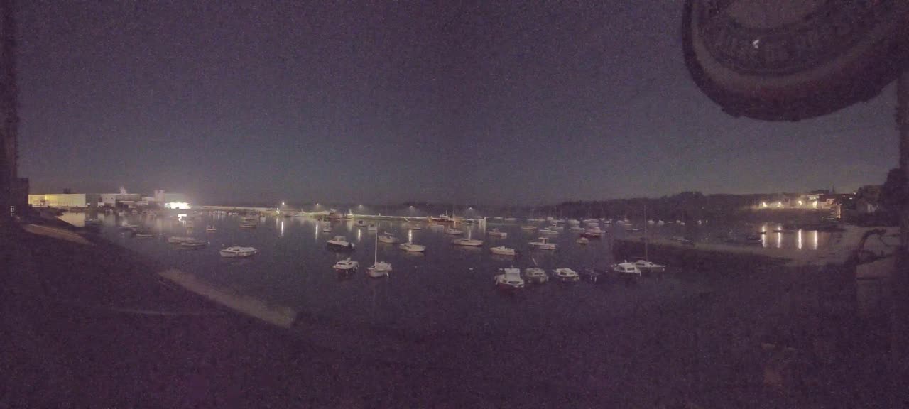 Many small boats are moored in a calm harbor at night under a dark, clear sky.