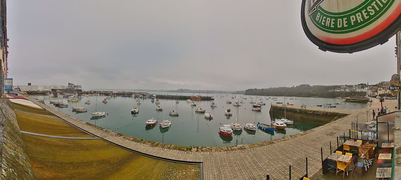 A harbor filled with numerous small boats under an overcast sky.