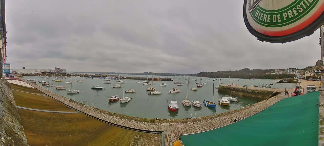 A harbor filled with numerous small boats under an overcast sky.