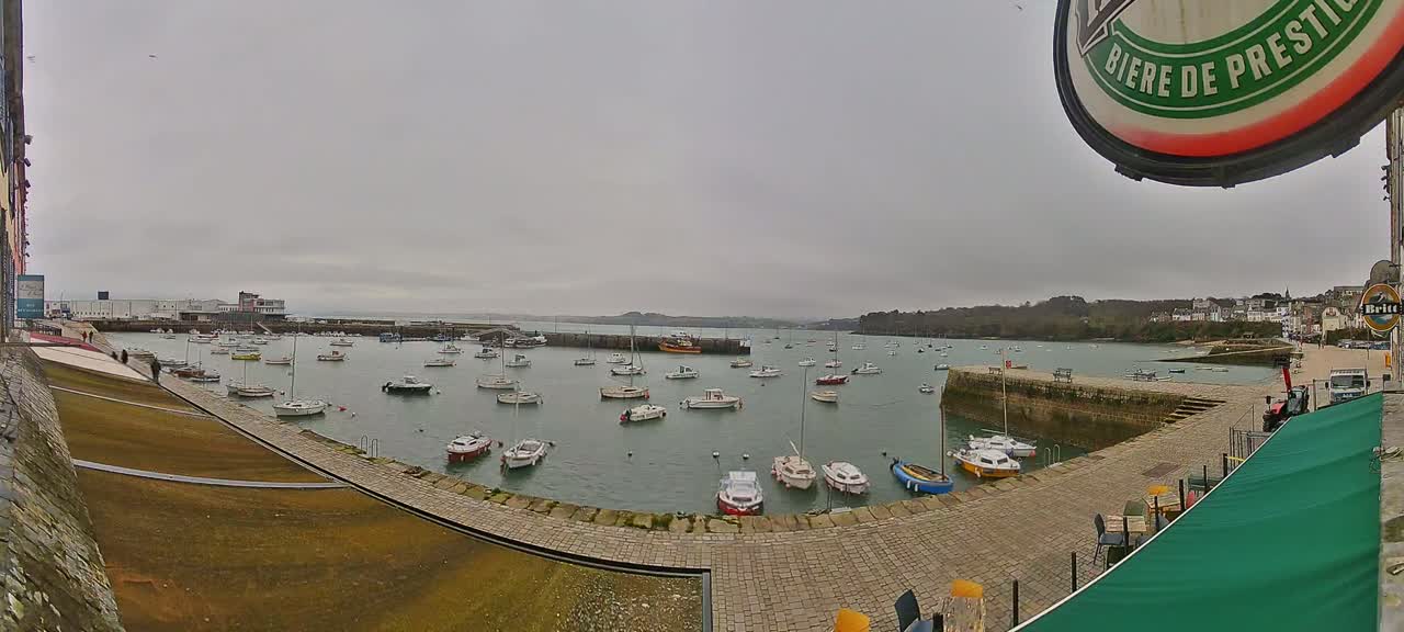 A harbor filled with numerous small boats under an overcast sky.