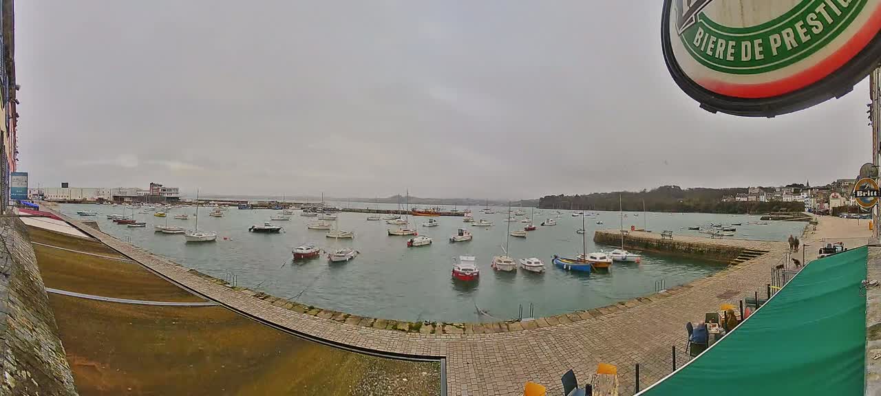 A harbor filled with numerous small boats on a cloudy day.
