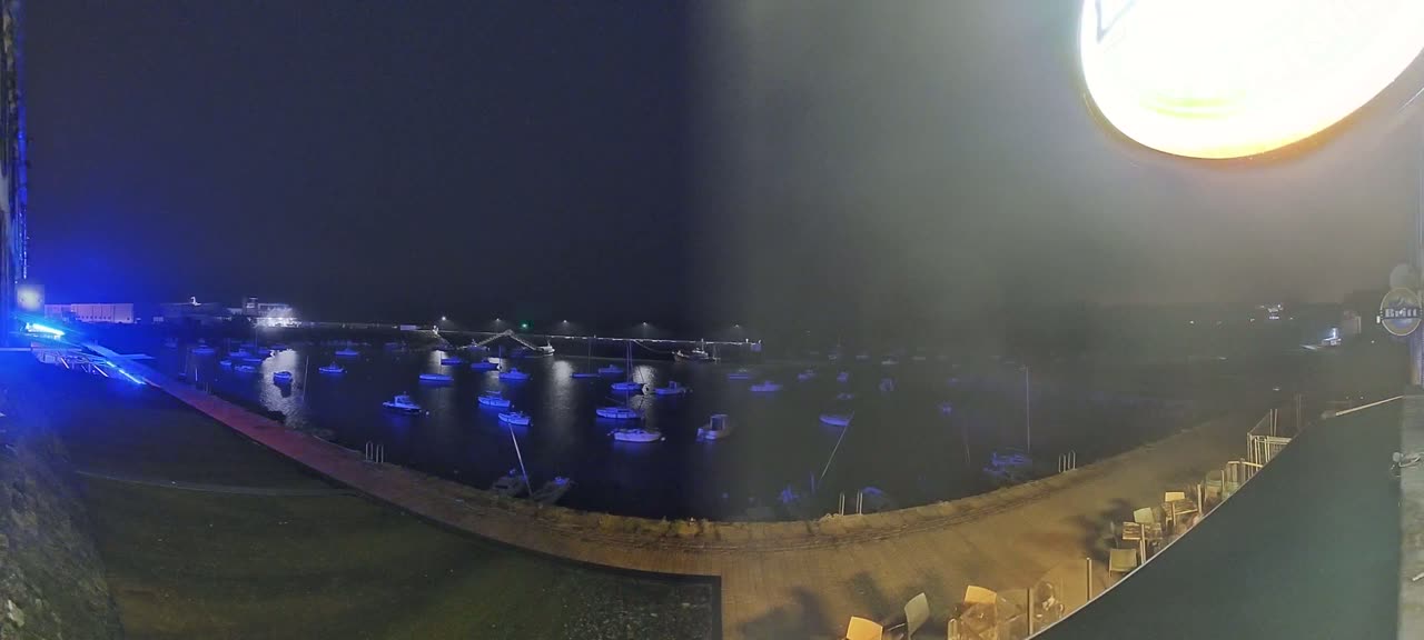 A nighttime view of a harbor filled with numerous boats illuminated by blue lights under a dark, hazy sky.