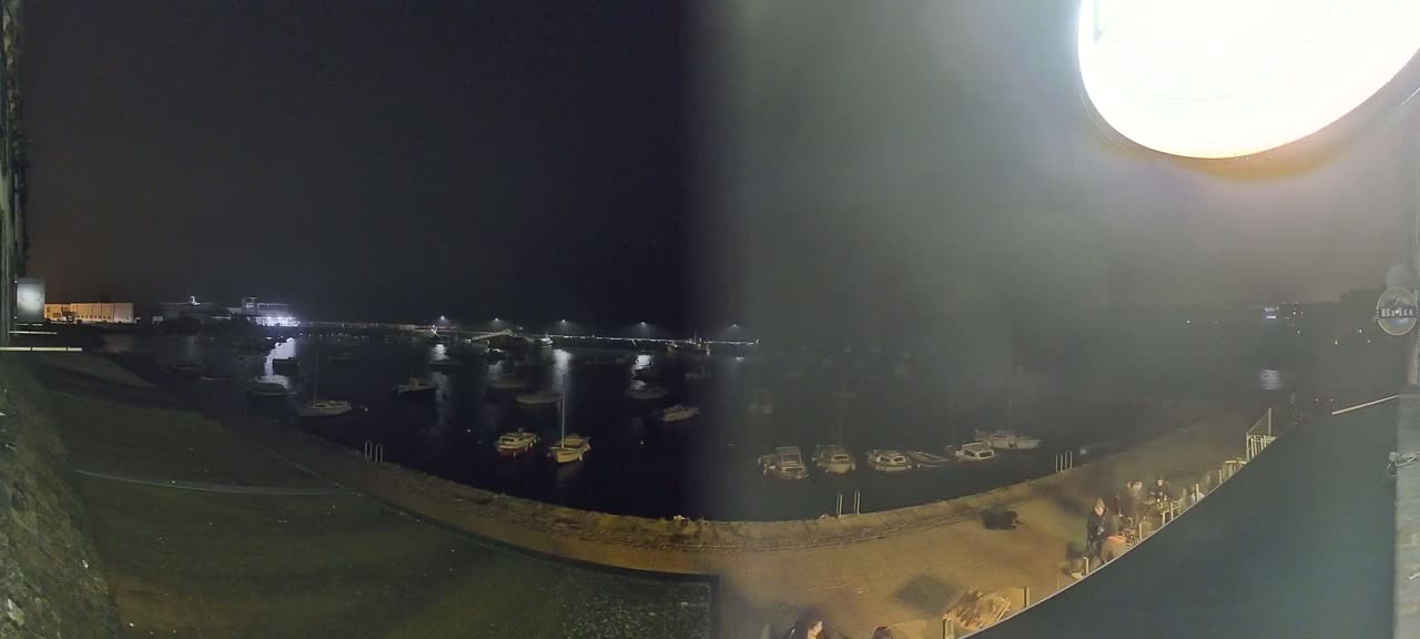 A nighttime view of a harbor filled with numerous small boats, illuminated by lights along the waterfront under a dark sky.