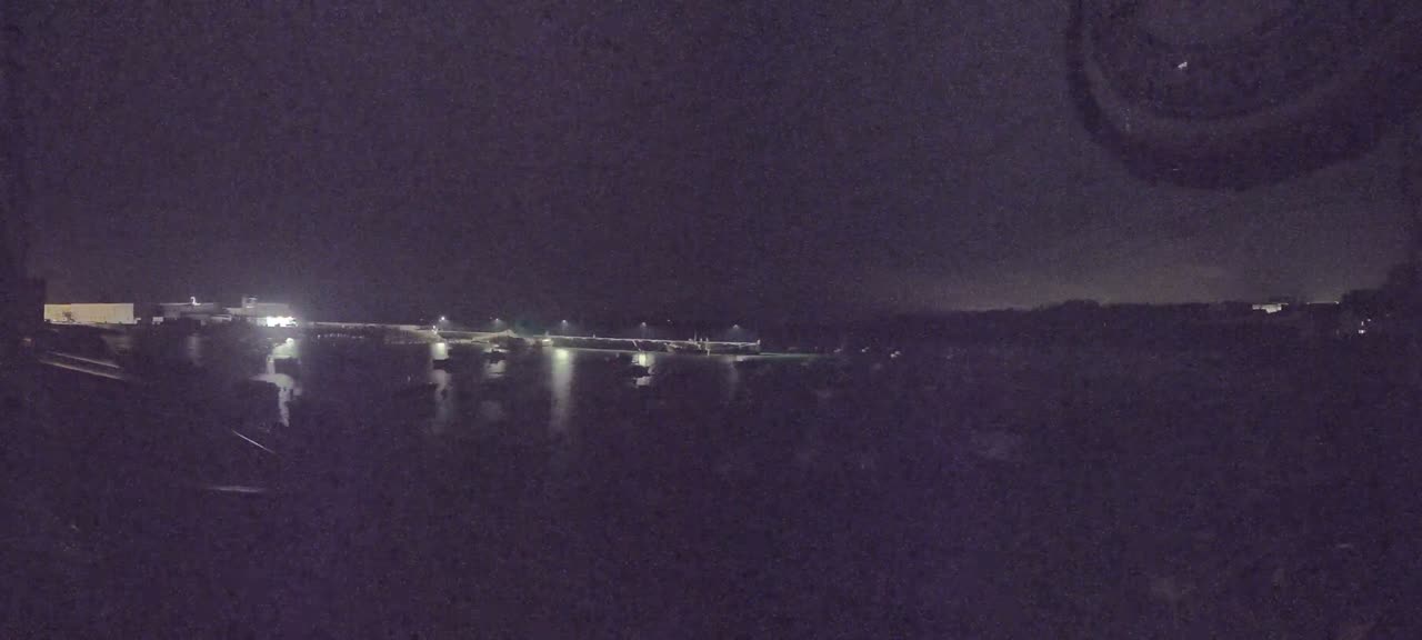A nighttime view of a harbor with several boats illuminated by faint lights under a dark sky.