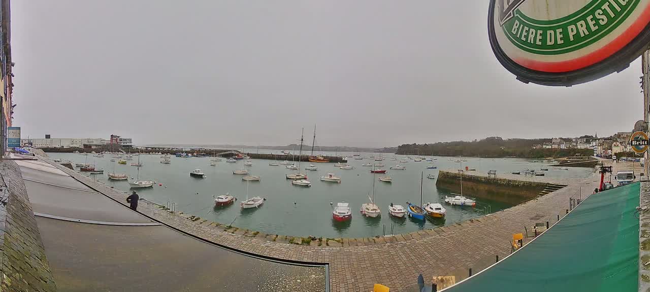 A harbor filled with numerous sailboats and motorboats is viewed from a high vantage point on an overcast day.