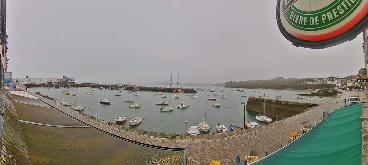 Numerous boats are moored in a harbor on an overcast day.