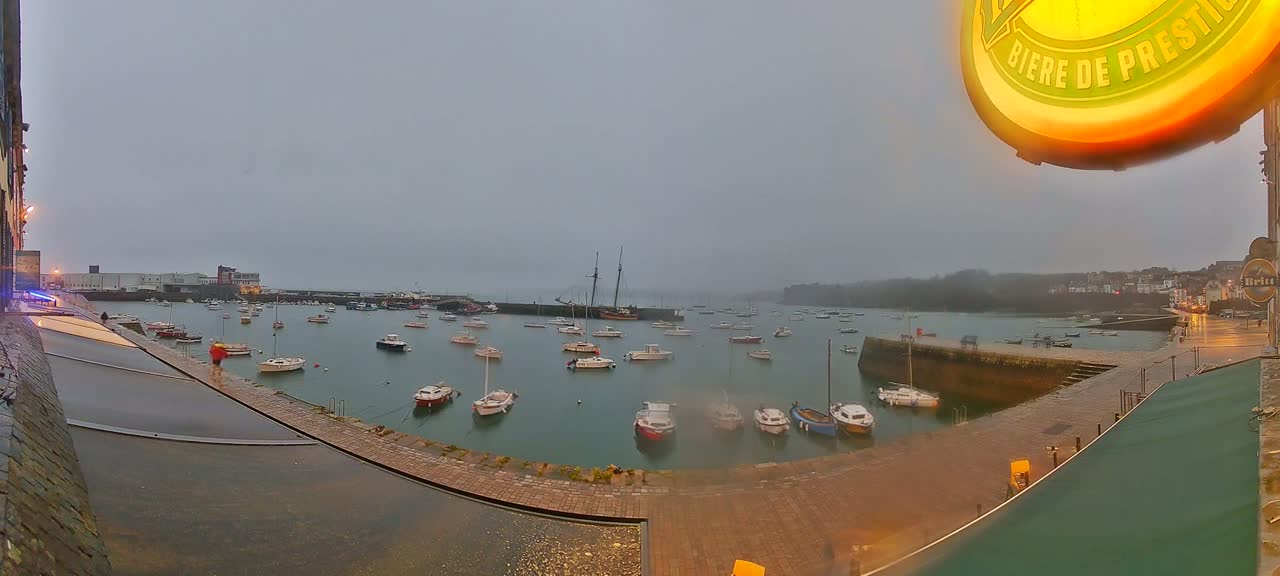 Numerous boats are moored in a harbor on an overcast day.