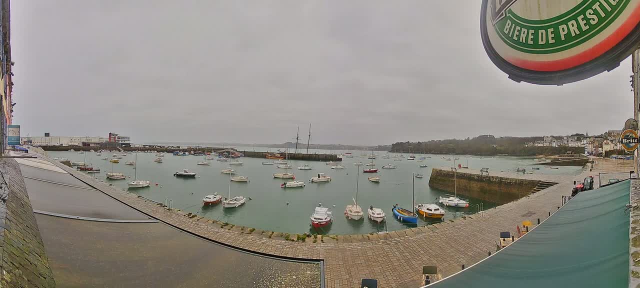 A harbor filled with numerous small boats is seen on an overcast day.