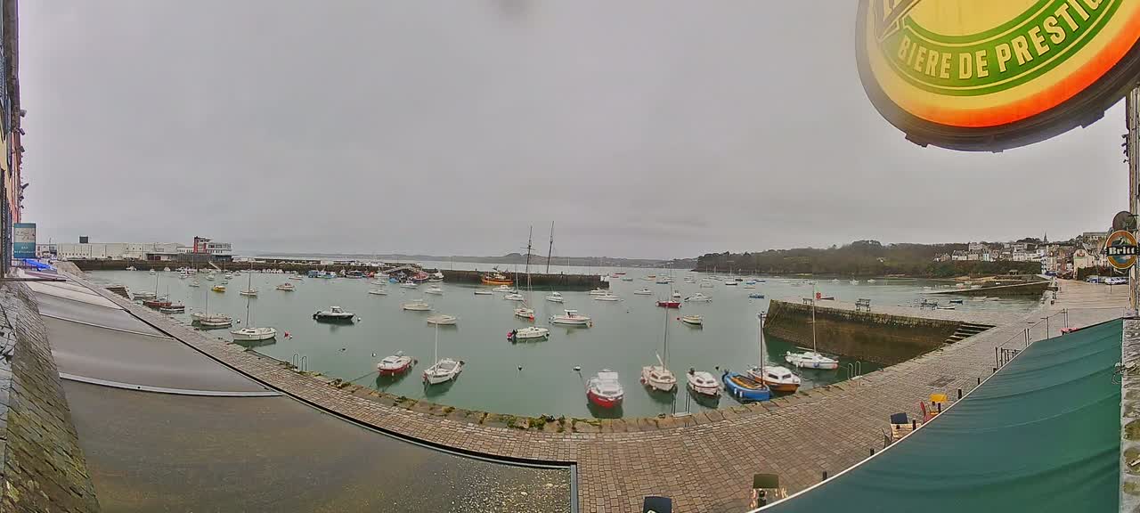 A harbor filled with numerous small boats under an overcast sky.