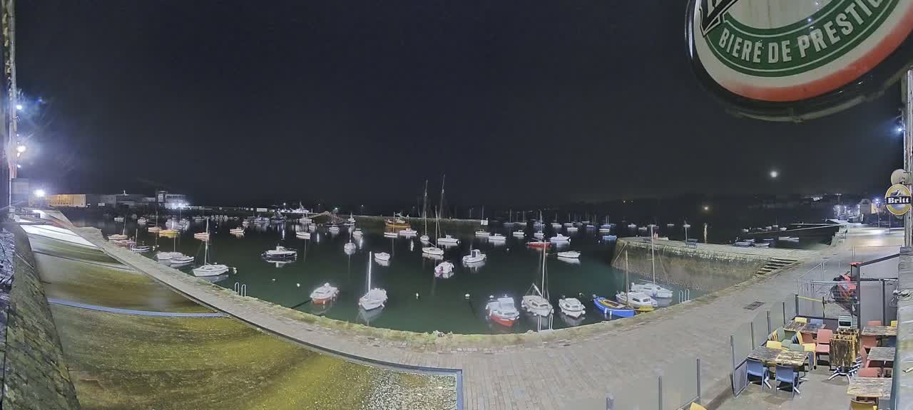 Many small boats are moored in a calm harbor at night, under a dark sky.
