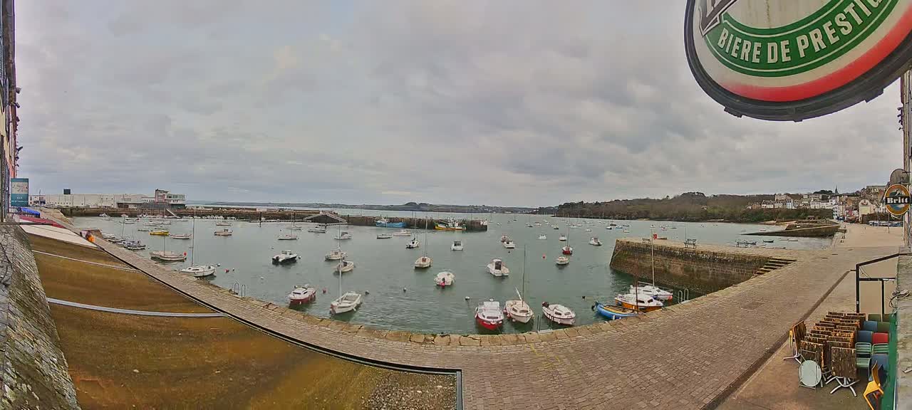 A harbor filled with numerous small boats under a cloudy sky.