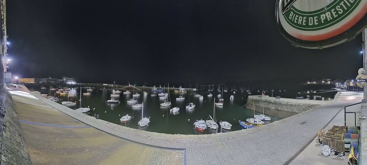 Many small boats are moored in a harbor at night under a clear, dark sky.