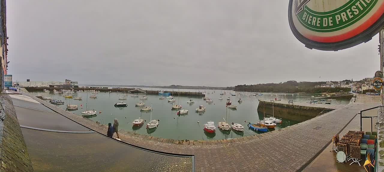 Many small boats are moored in a calm harbor on an overcast day, with a stone walkway and buildings visible along the waterfront.