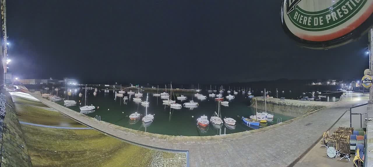 A calm harbor at night, filled with numerous small boats, is seen from a high vantage point overlooking a paved area.