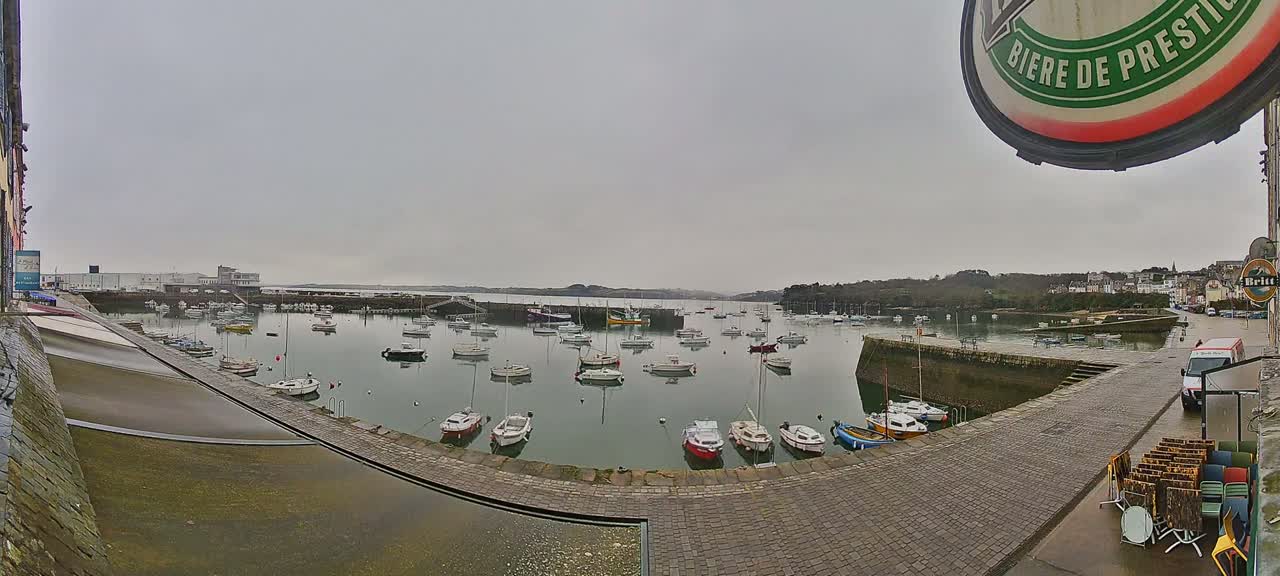 A harbor filled with numerous small boats is viewed from a high vantage point on an overcast day.