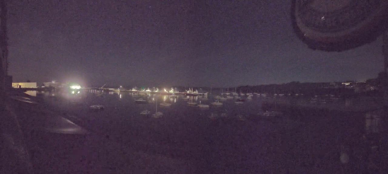 At night, numerous boats are moored in a calm body of water under a dark sky.