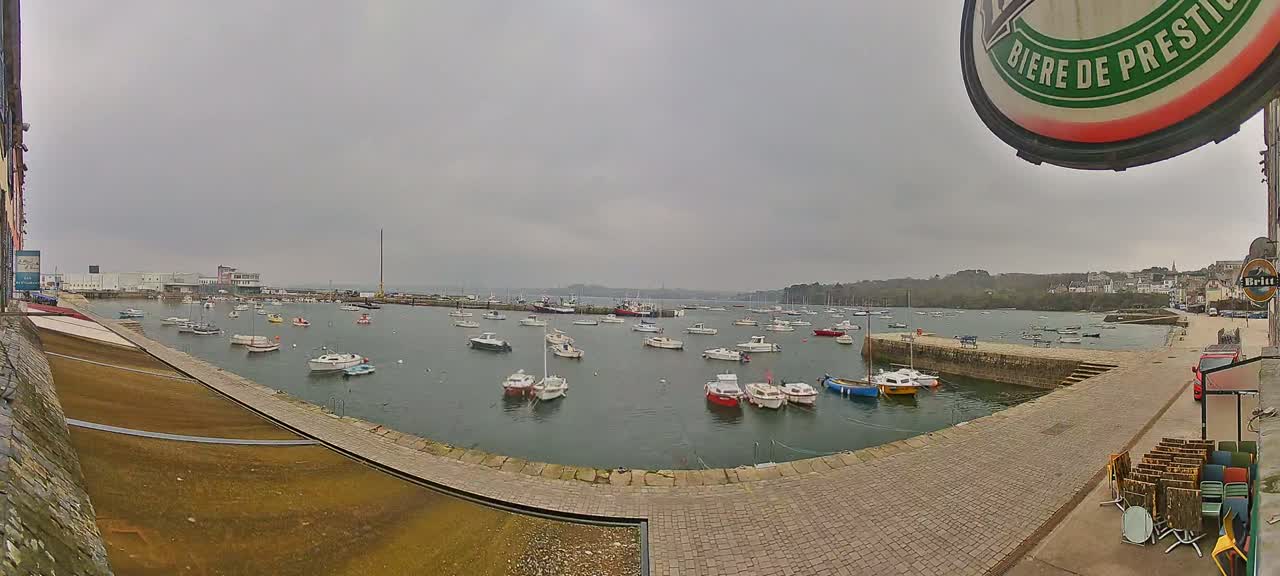 Numerous small boats are moored in a harbor on an overcast day.