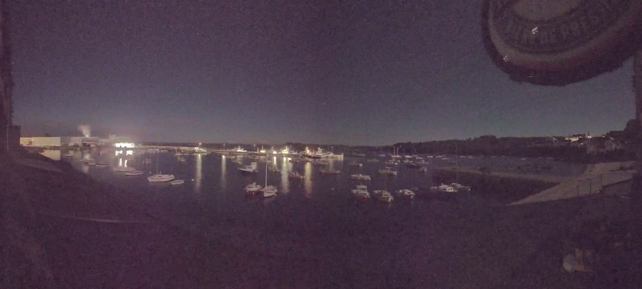 Under a dark night sky, numerous boats are moored in a calm harbor, illuminated by faint lights from the shore.