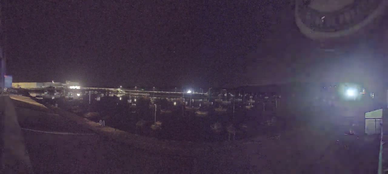 A nighttime view of a marina with numerous boats docked, under a clear, dark sky.
