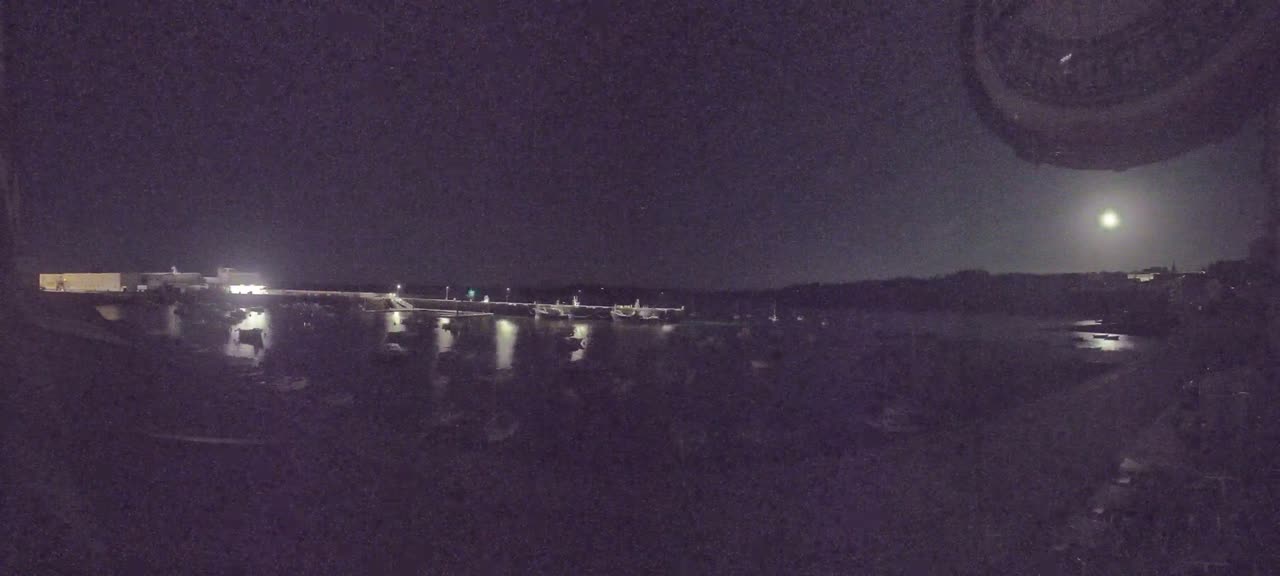 A nighttime view of a harbor filled with boats under a bright moon.