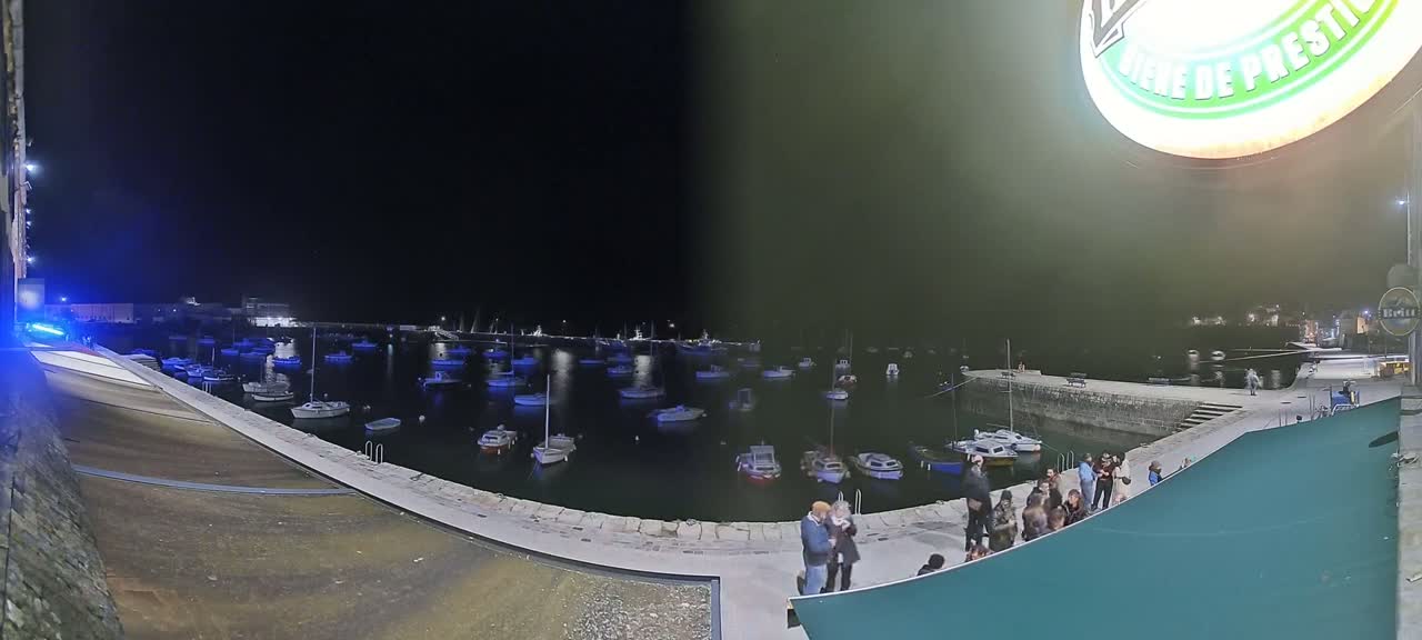 At night, a harbor filled with many small boats is seen from a waterfront vantage point where several people are standing near a wall.