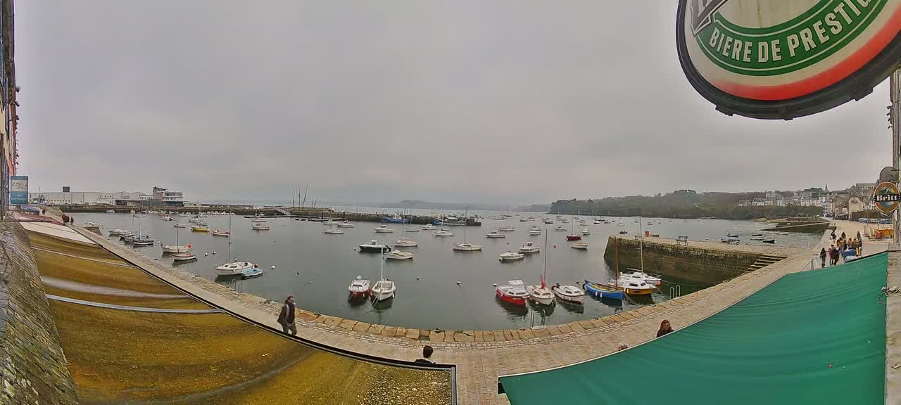 A harbor filled with numerous small boats on an overcast day.