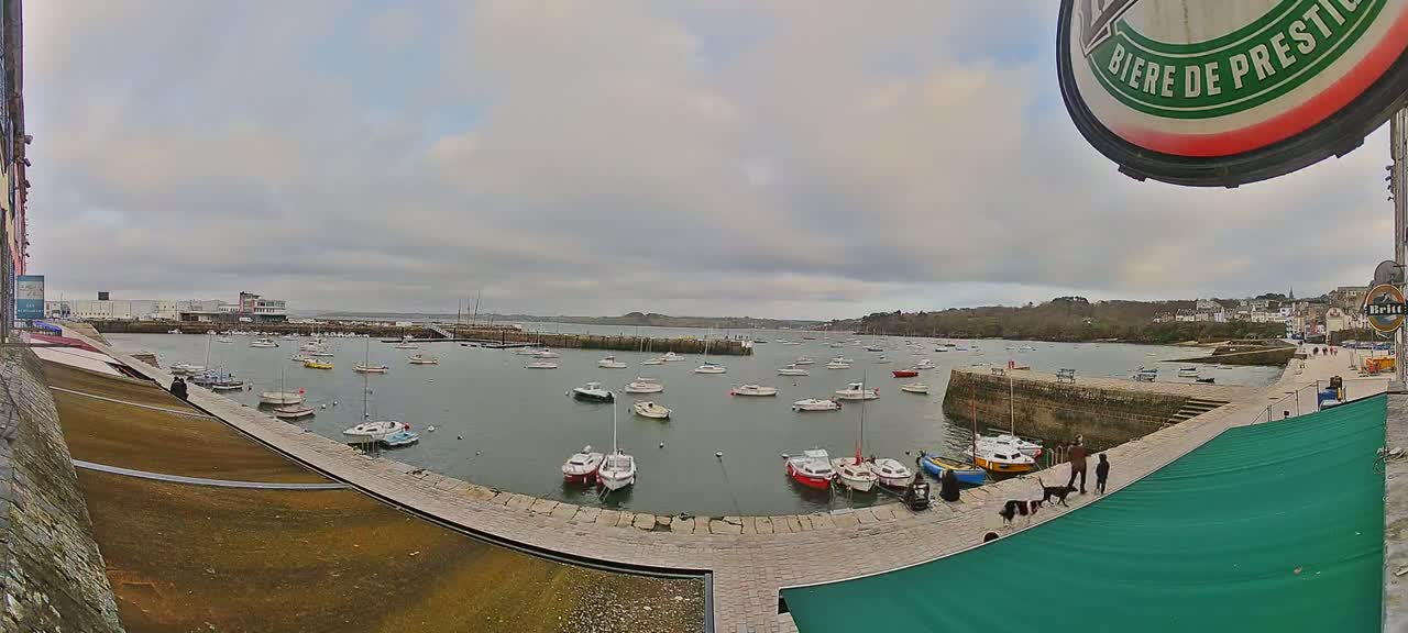 A harbor filled with numerous small boats on a cloudy day.