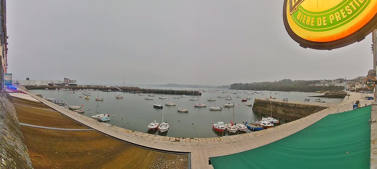 A harbor filled with numerous small boats is viewed from a high vantage point on an overcast day.
