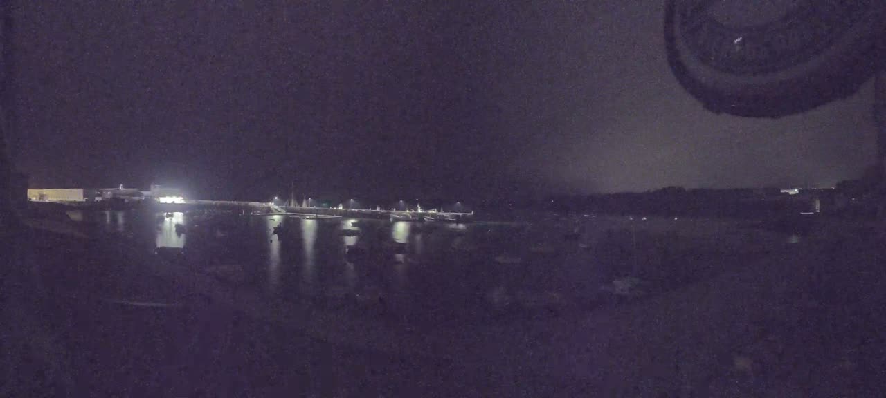 A nighttime view of a harbor with boats and buildings illuminated under a dark sky.