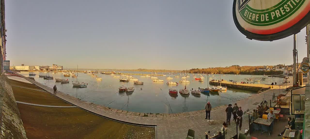 Numerous boats are moored in a calm harbor on a sunny day, with people gathered on a nearby waterfront patio.