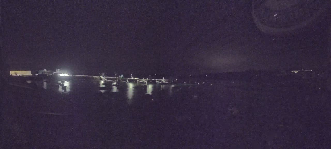A nighttime view of a harbor with several boats docked, illuminated by lights on the shore.