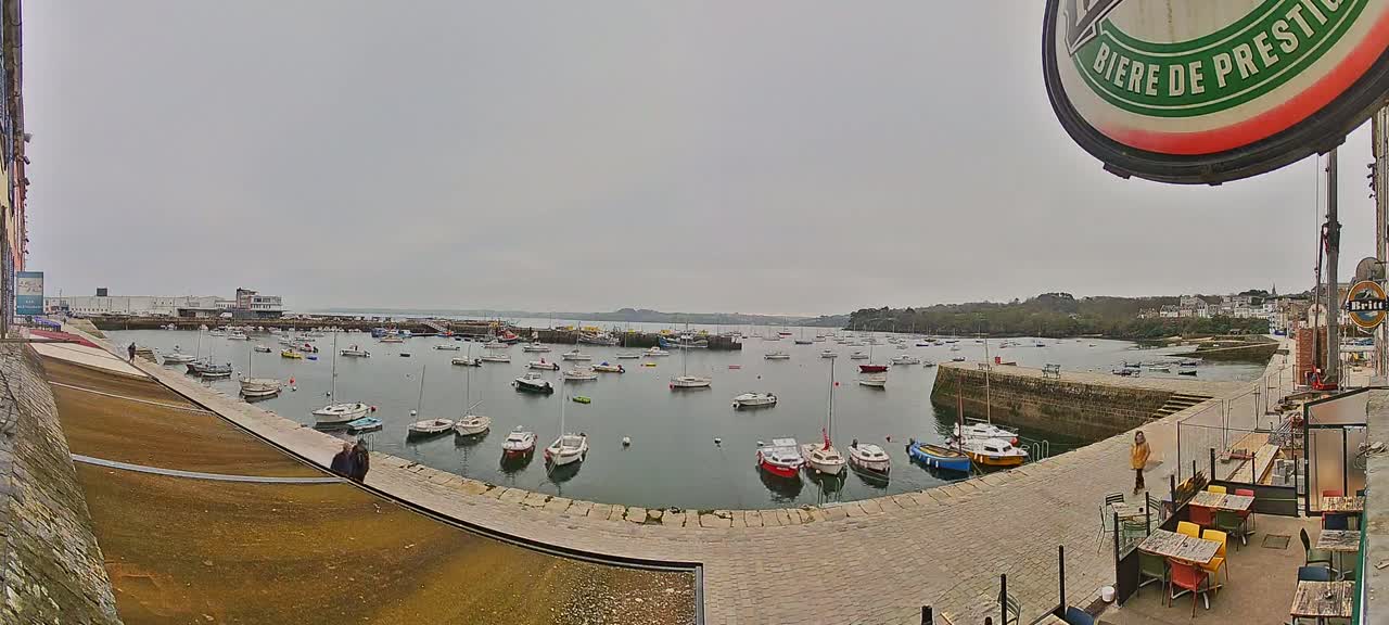 A harbor filled with numerous small boats is seen on an overcast day, with a paved waterfront area and outdoor seating visible in the foreground.