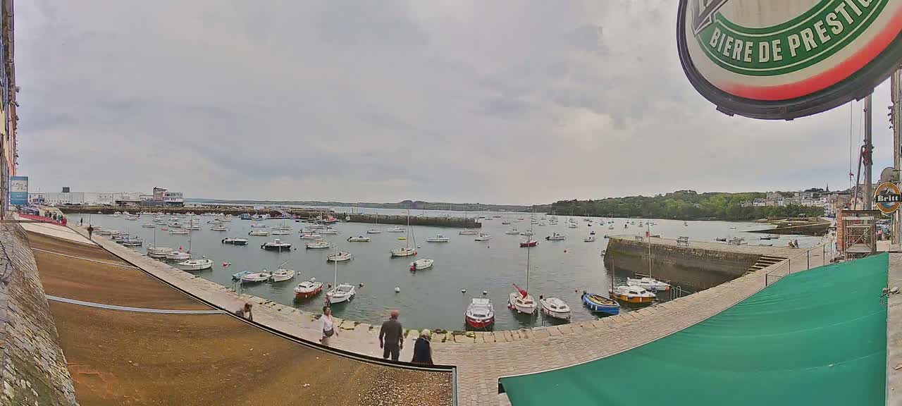 A harbor filled with numerous small boats is viewed from a high vantage point on an overcast day.