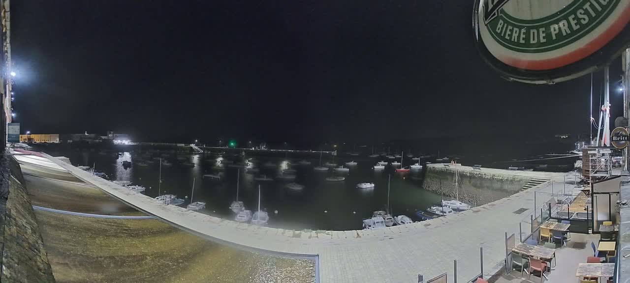 A nighttime view of a harbor filled with numerous boats, illuminated under a dark sky.