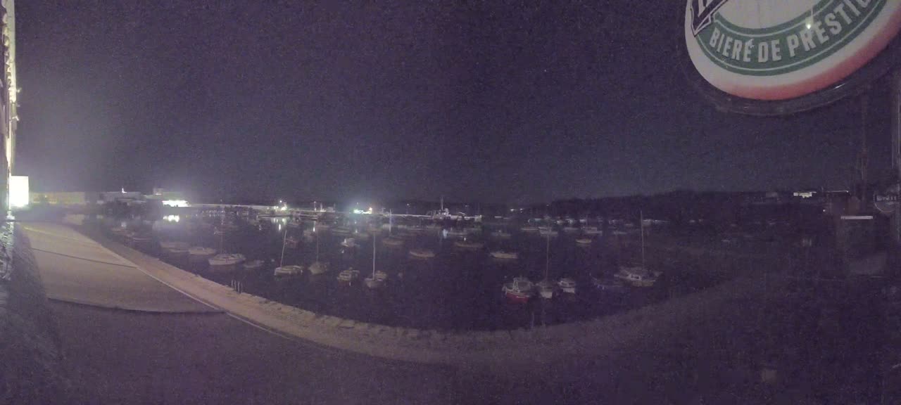 At night, numerous small boats are moored in a calm harbor under a dark sky.